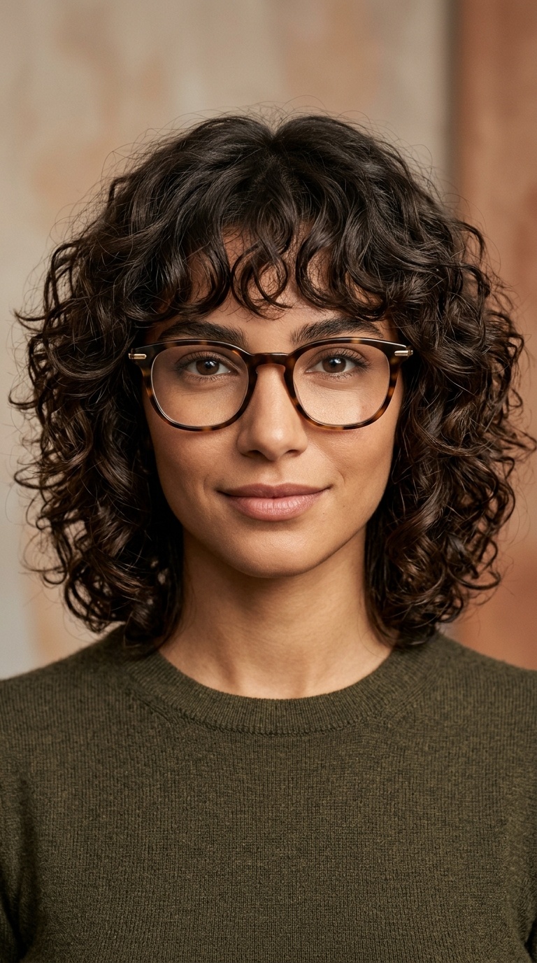 Curly Layered Cut with Eye-Grazing Bangs