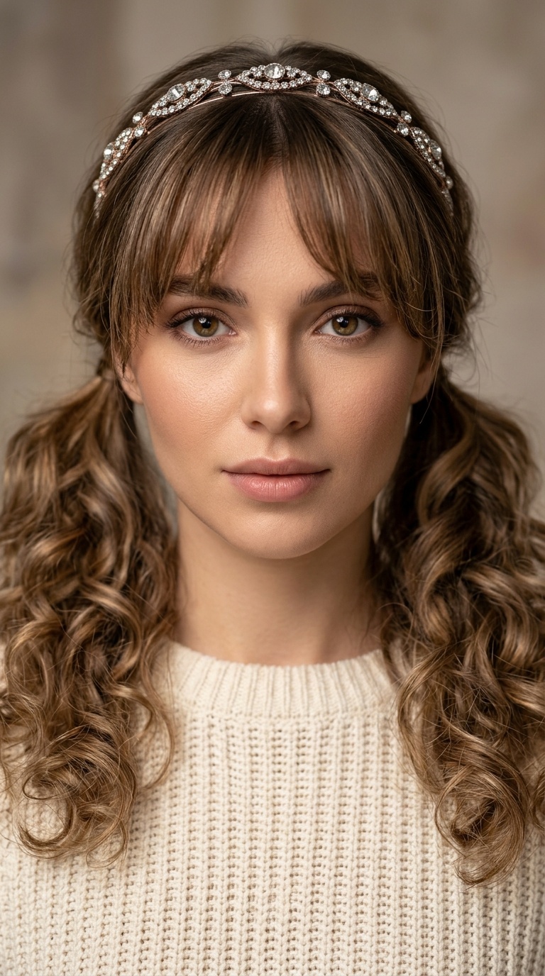 Curly Pigtails with Bottleneck Bangs and Embellished Headband