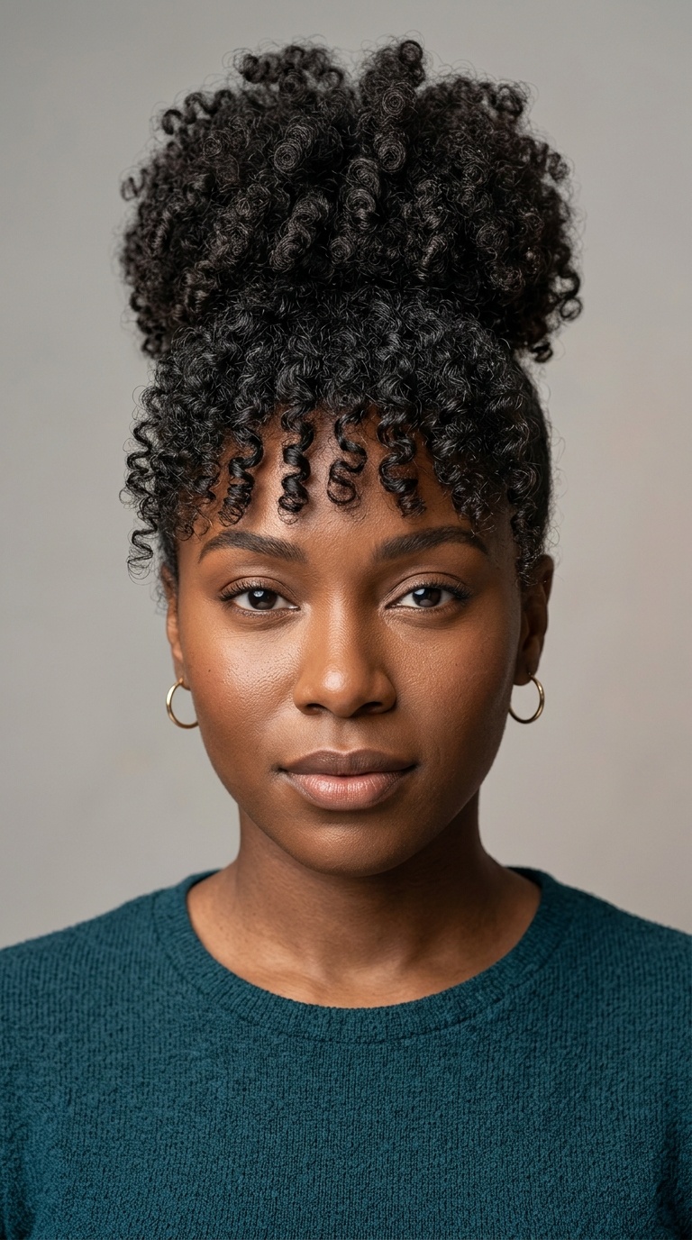 Curly Pineapple Bun with Bangs