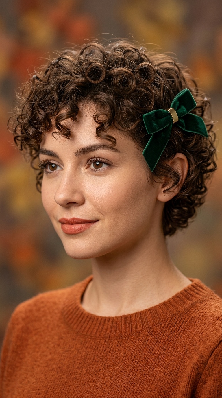 Curly Pixie with a Velvet Ribbon Clip
