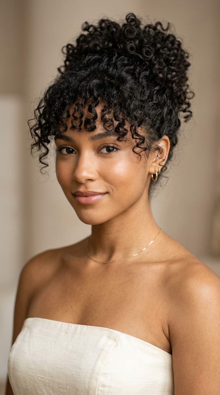 Curly Updo with Bangs for Strapless Dresses