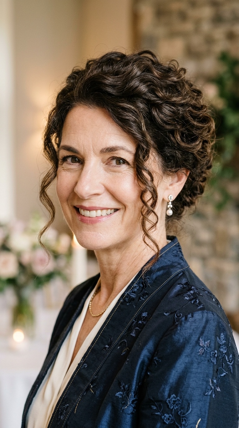 Curly Updo with Face-Framing Tendrils