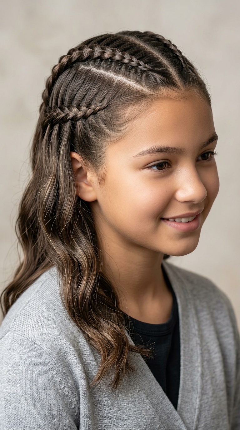 Curved Parted Waterfall Plaits