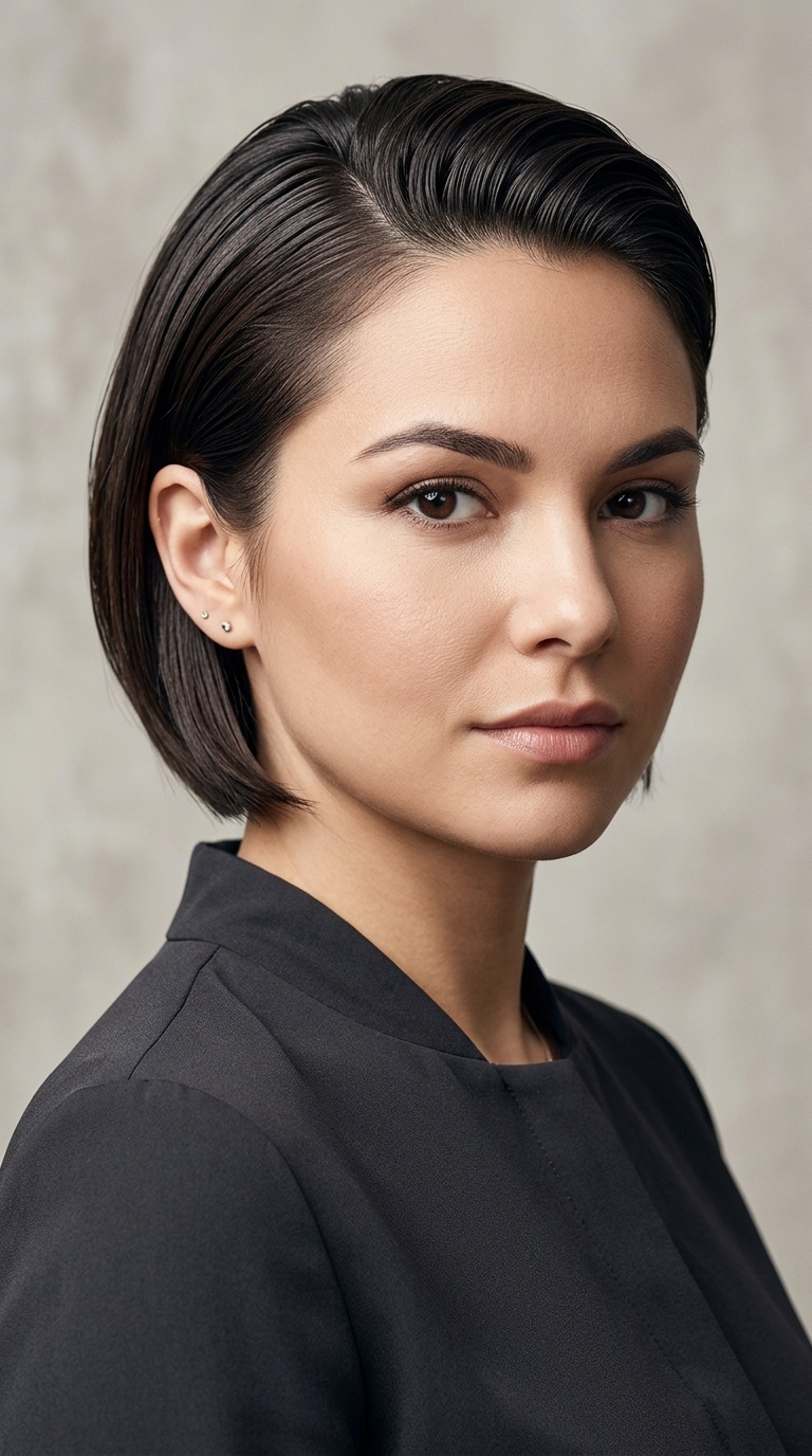 Dark Brunette Slicked-Back Bob