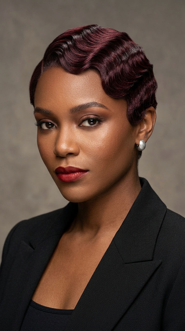 Deep Burgundy Finger Waves with Side Part