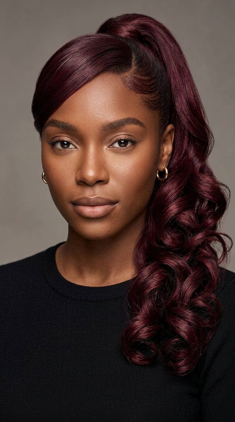 Deep Burgundy Side Pony with Curled Swoop