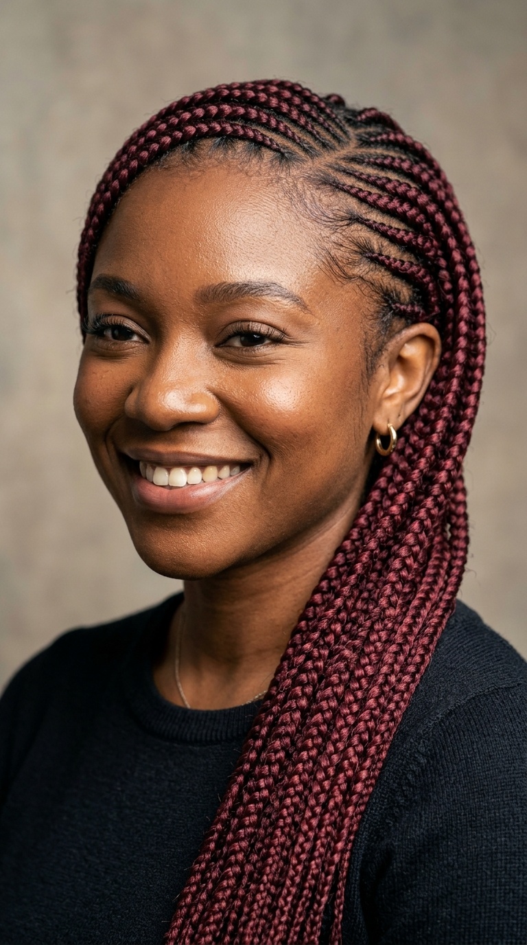 Deep Burgundy Side-Swept Lemonade Braids