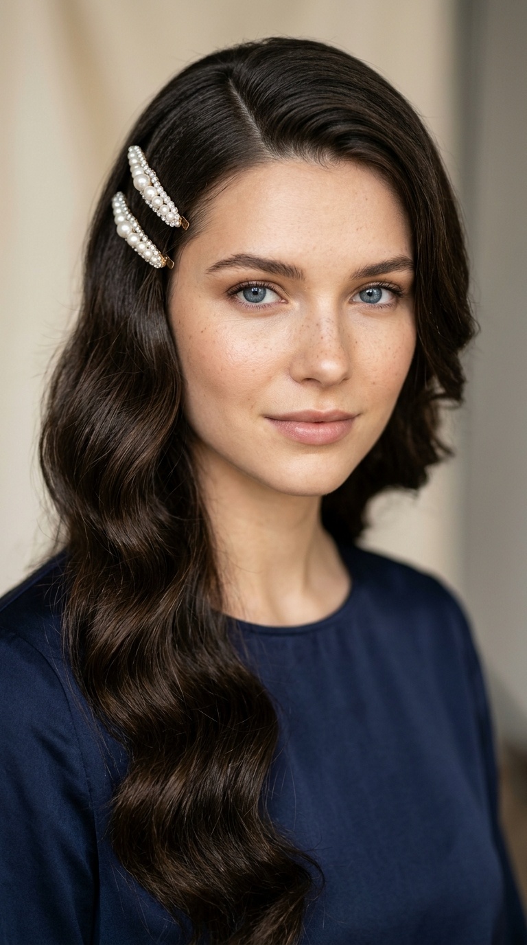 Deep Part with Pearl Barrettes