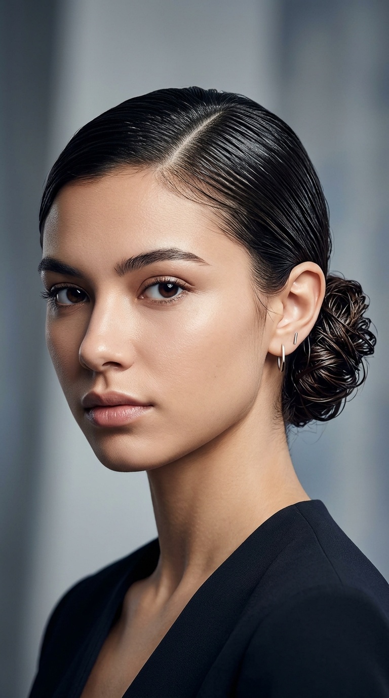 Deep Side Part Low Bun