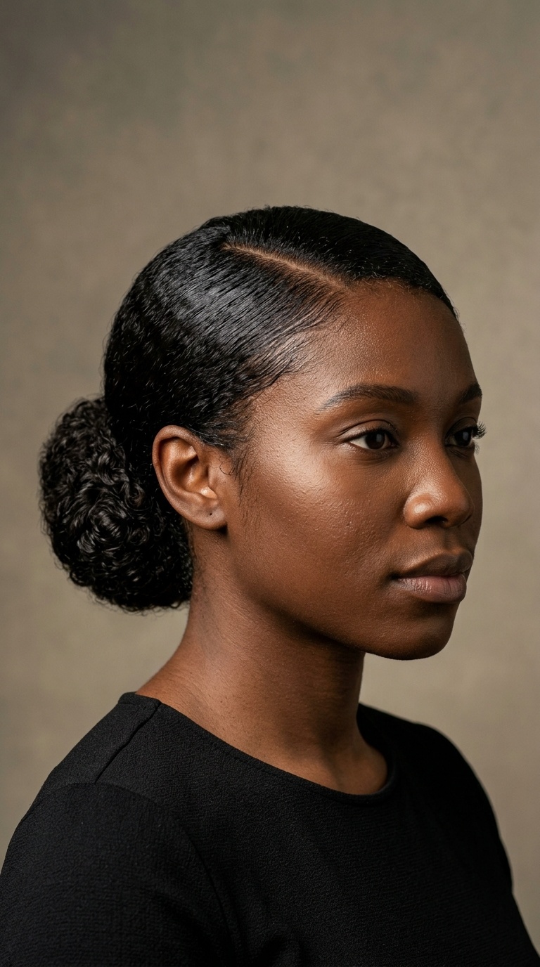 Deep Side Part Low Bun