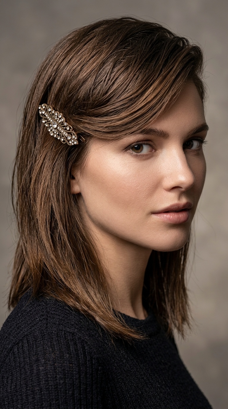 Deep Side Part with a Barrette