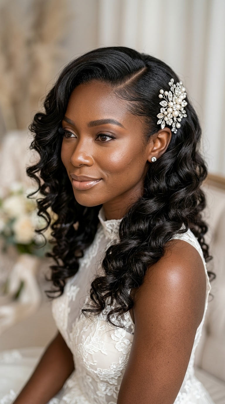 Deep Side Part with Barrel Curls and a Statement Clip