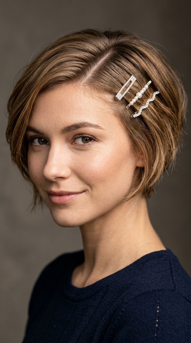 Deep Side Part with Barrettes