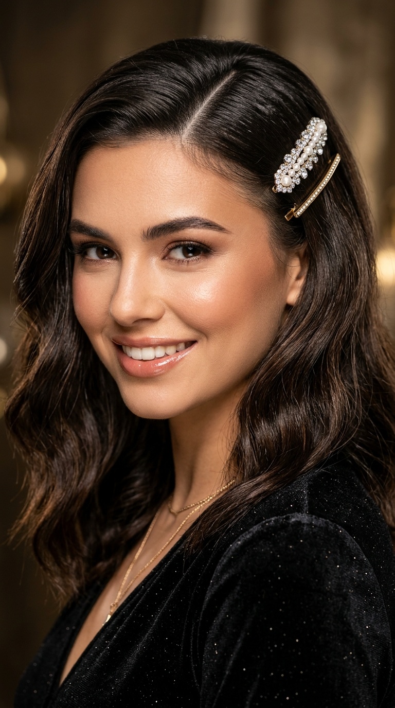 Deep Side Part with Barrettes