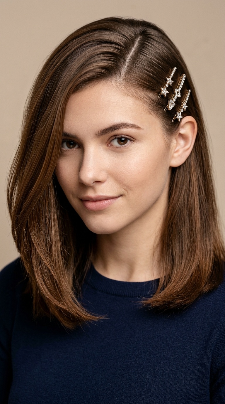 Deep Side Part with Barrettes