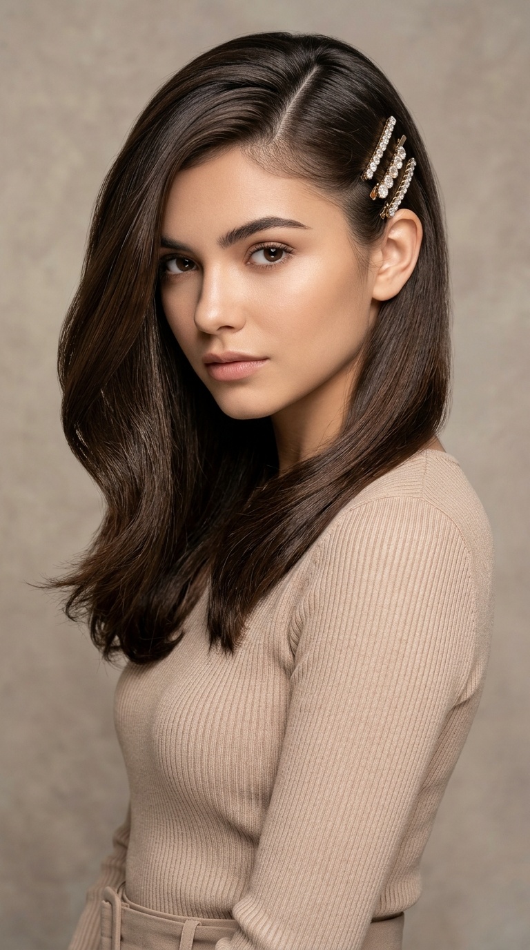 Deep Side Part with Barrettes