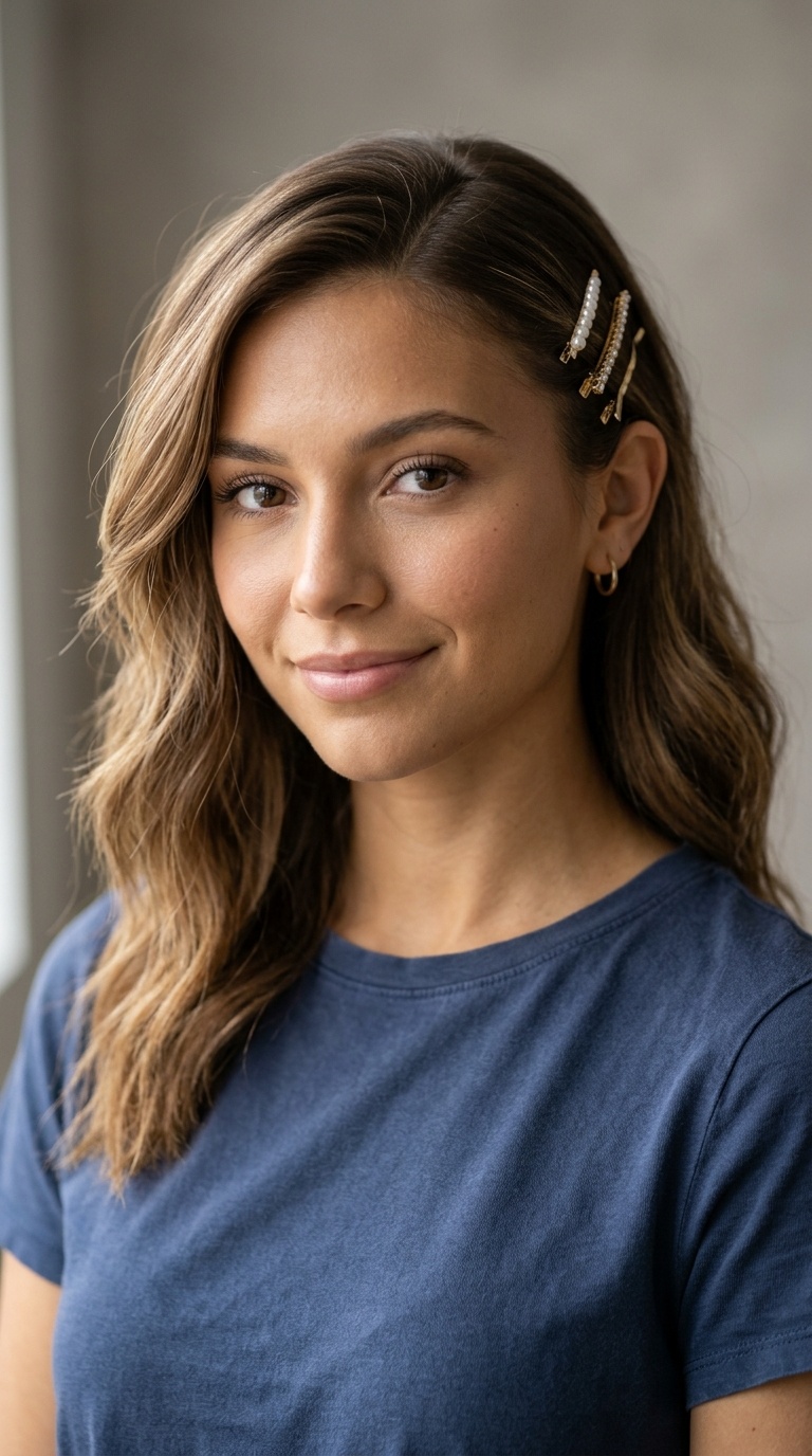Deep Side Part with Barrettes