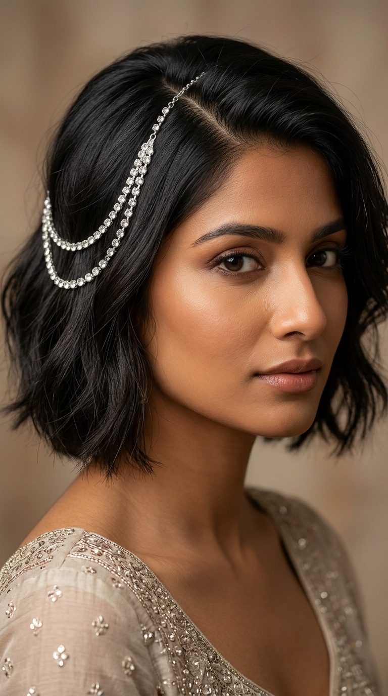 Deep Side Part with Crystal Hair Chain