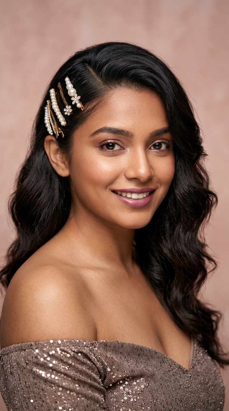 Deep Side Part with Decorative Barrettes