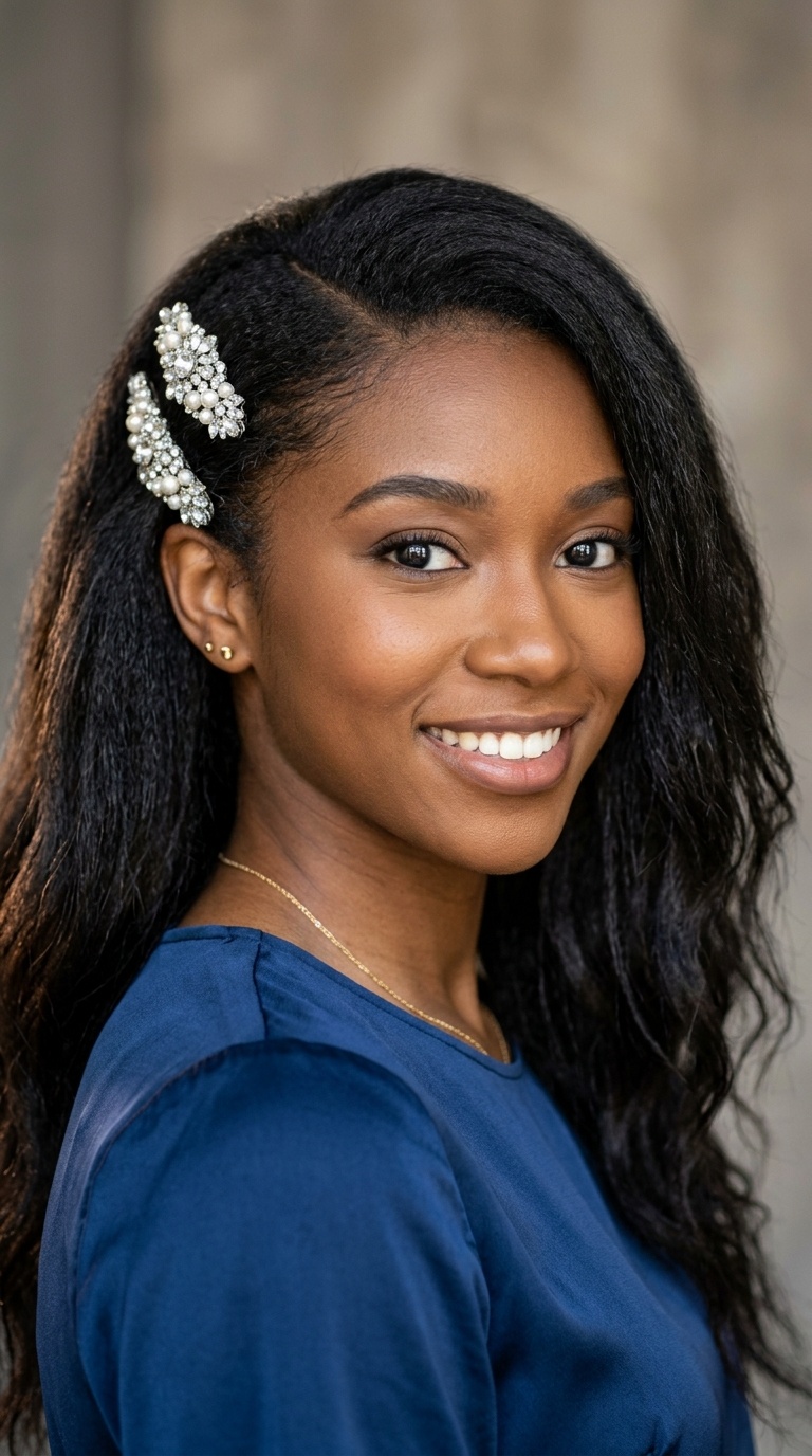 Deep Side Part with Jeweled Barrettes