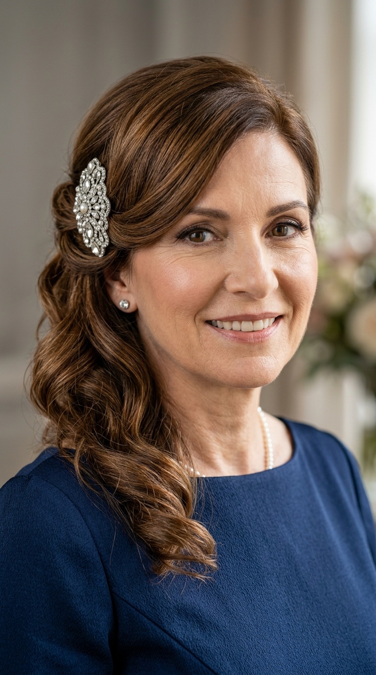 Deep Side Part with Jeweled Clip