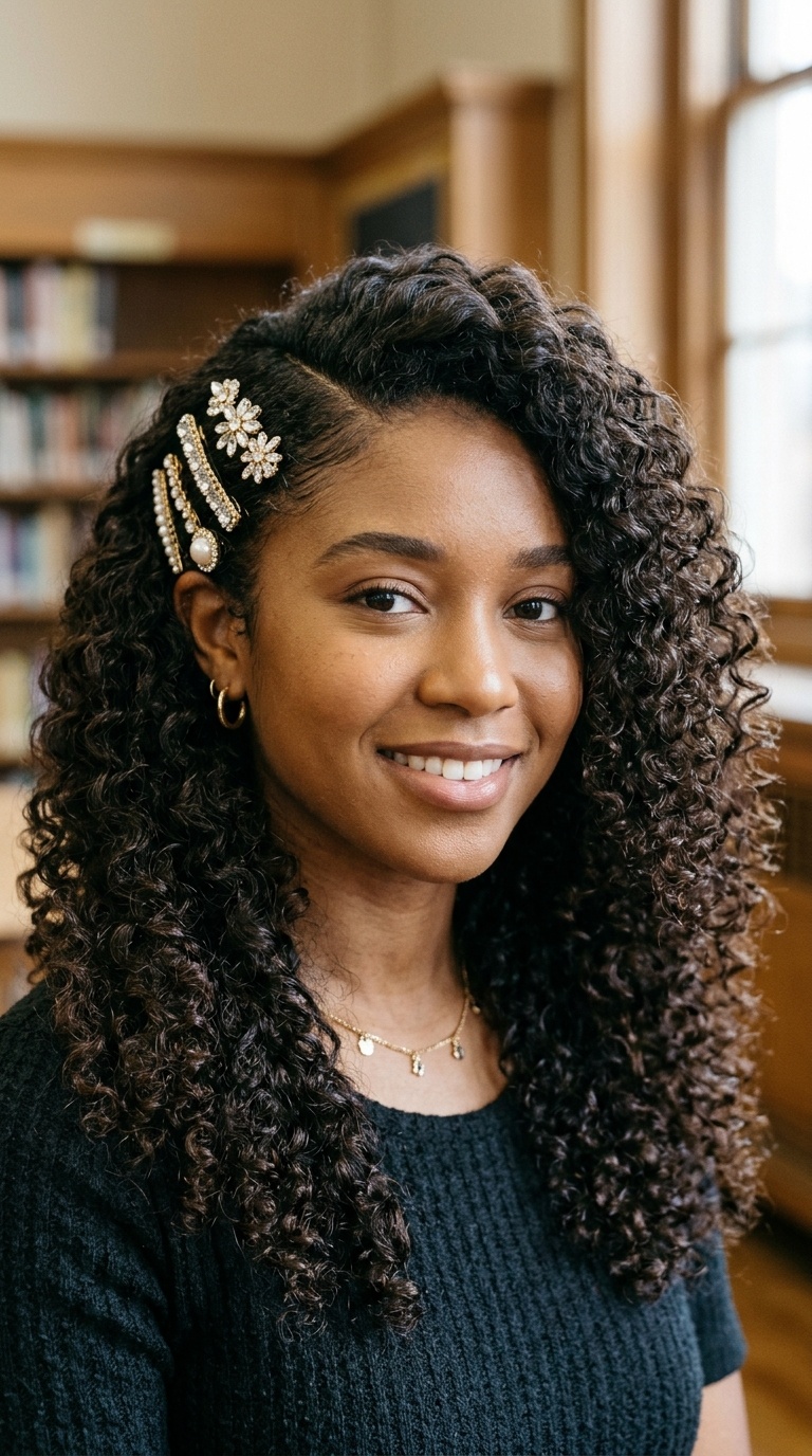 Deep Side Part with Jeweled Clips