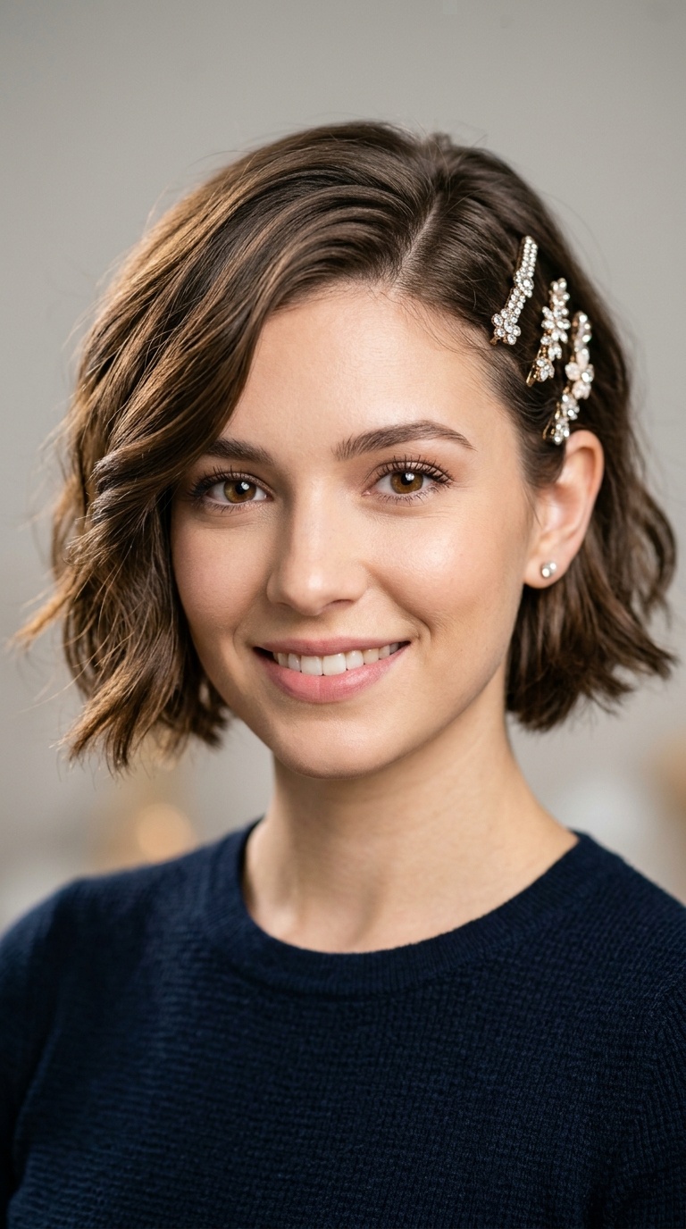 Deep Side Part with Jeweled Pins