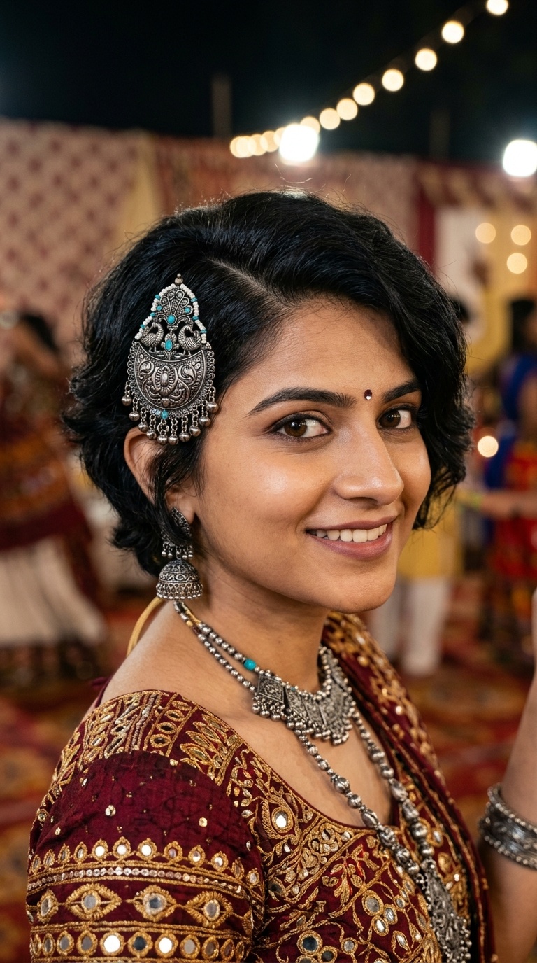 Deep Side Part with Oxidized Hair Brooch