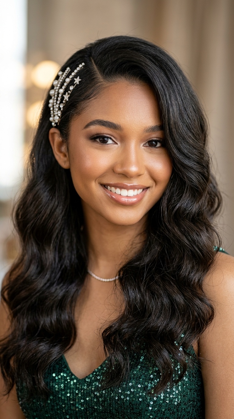 Deep Side Part with Sparkly Clips