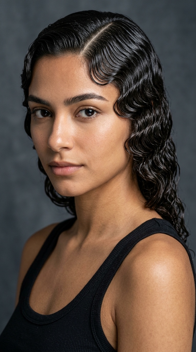 Deep Side Part with Wet-Look Finger Waves