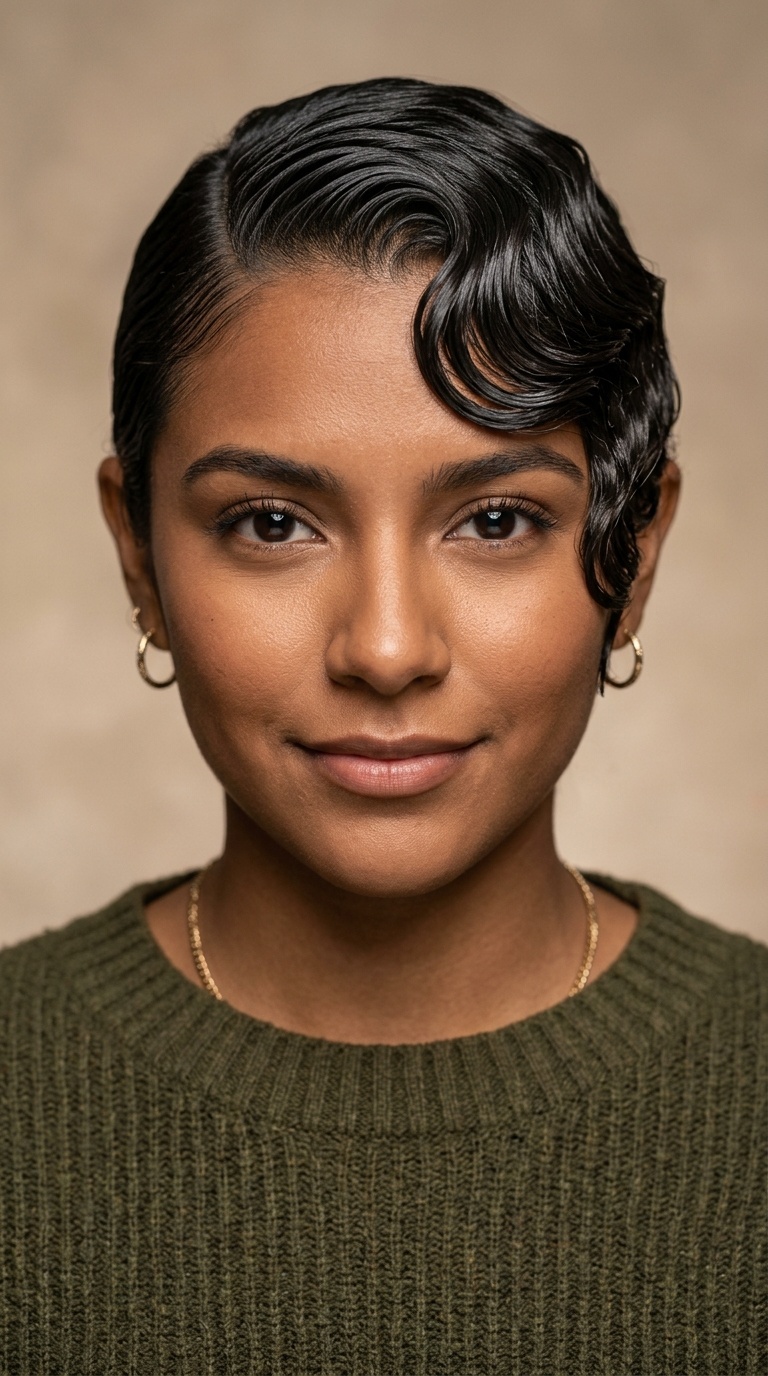 Deep Side Part with Wet-Look Finger Waves