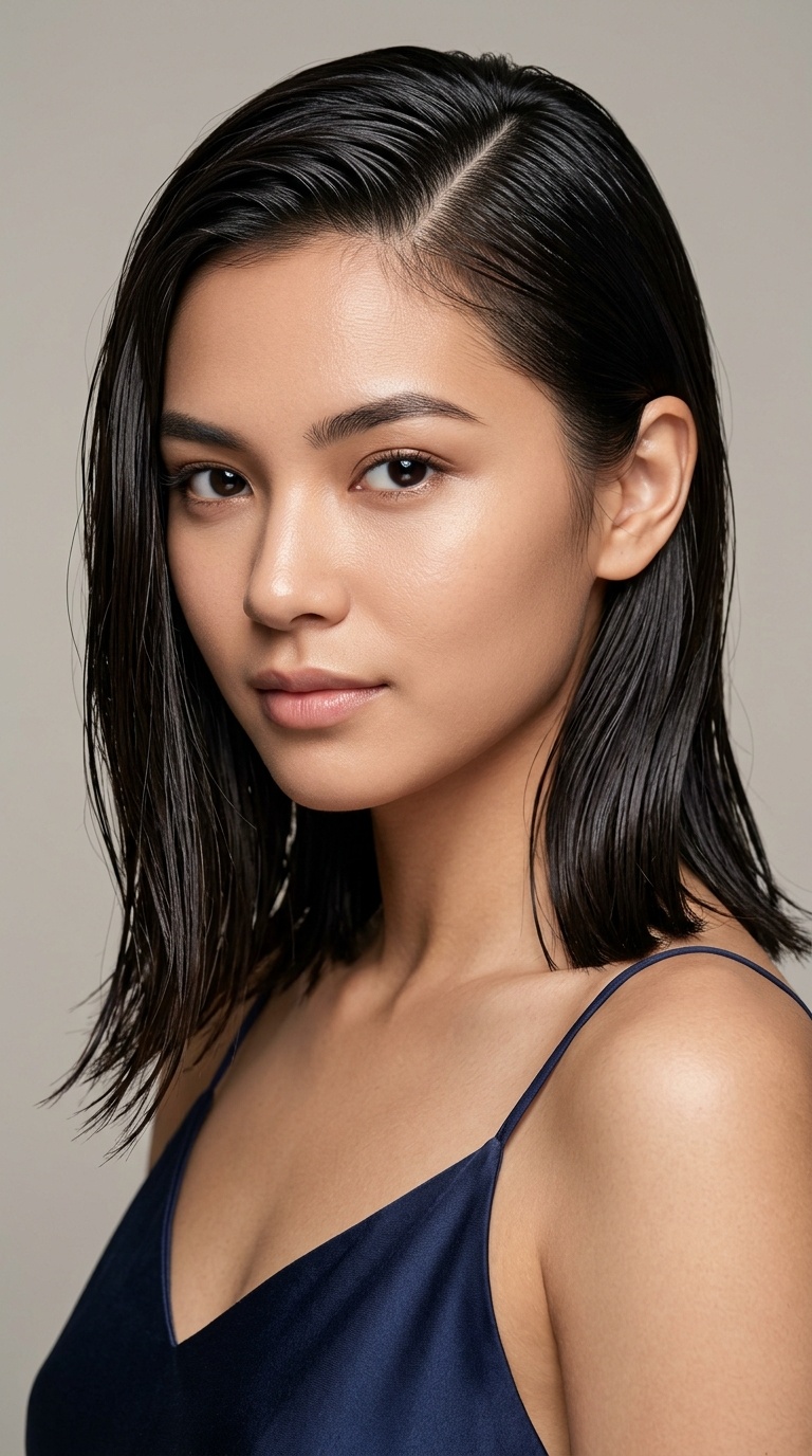 Deep Side Part with Wet Look Finish