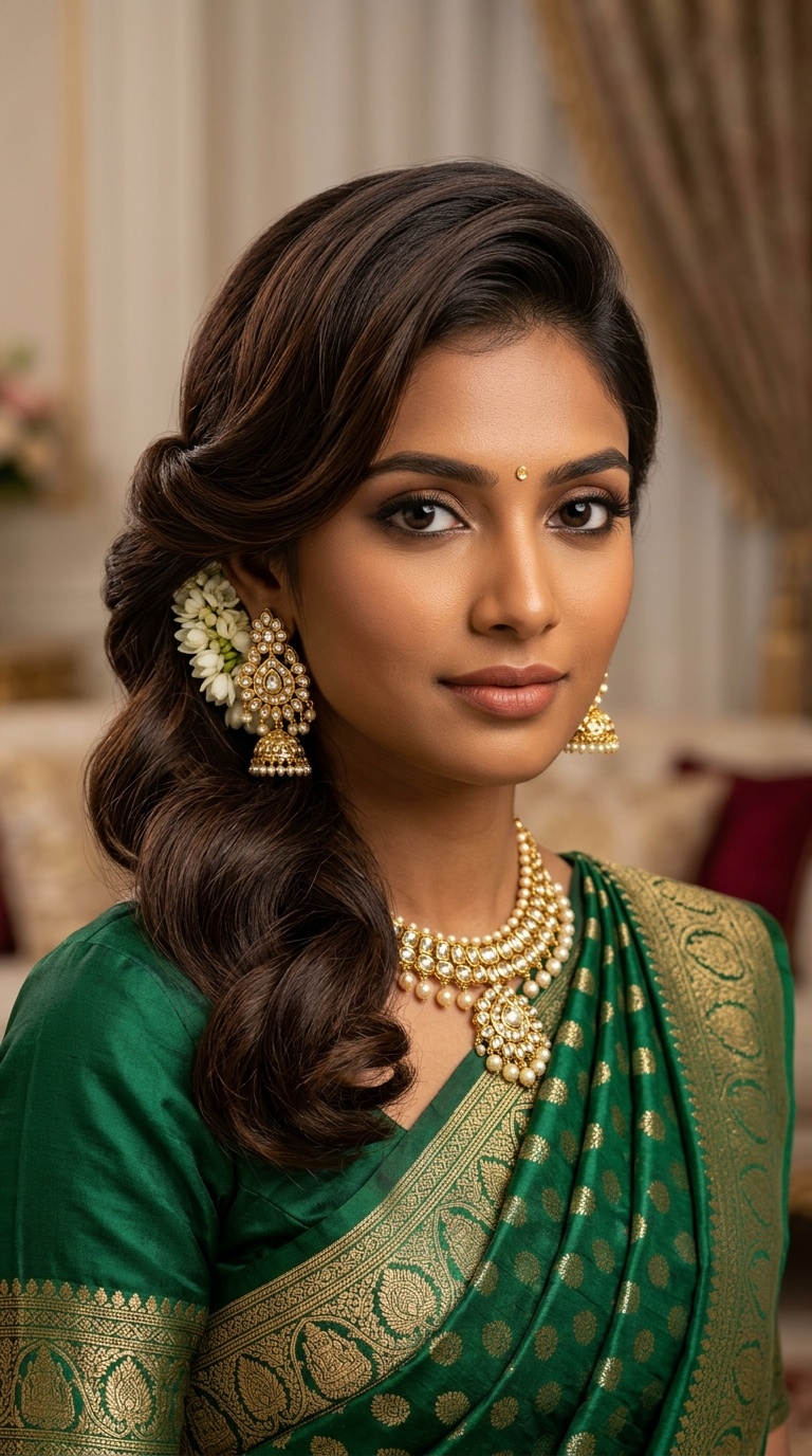 Deep Side Sweep with Floral Earring Tuck