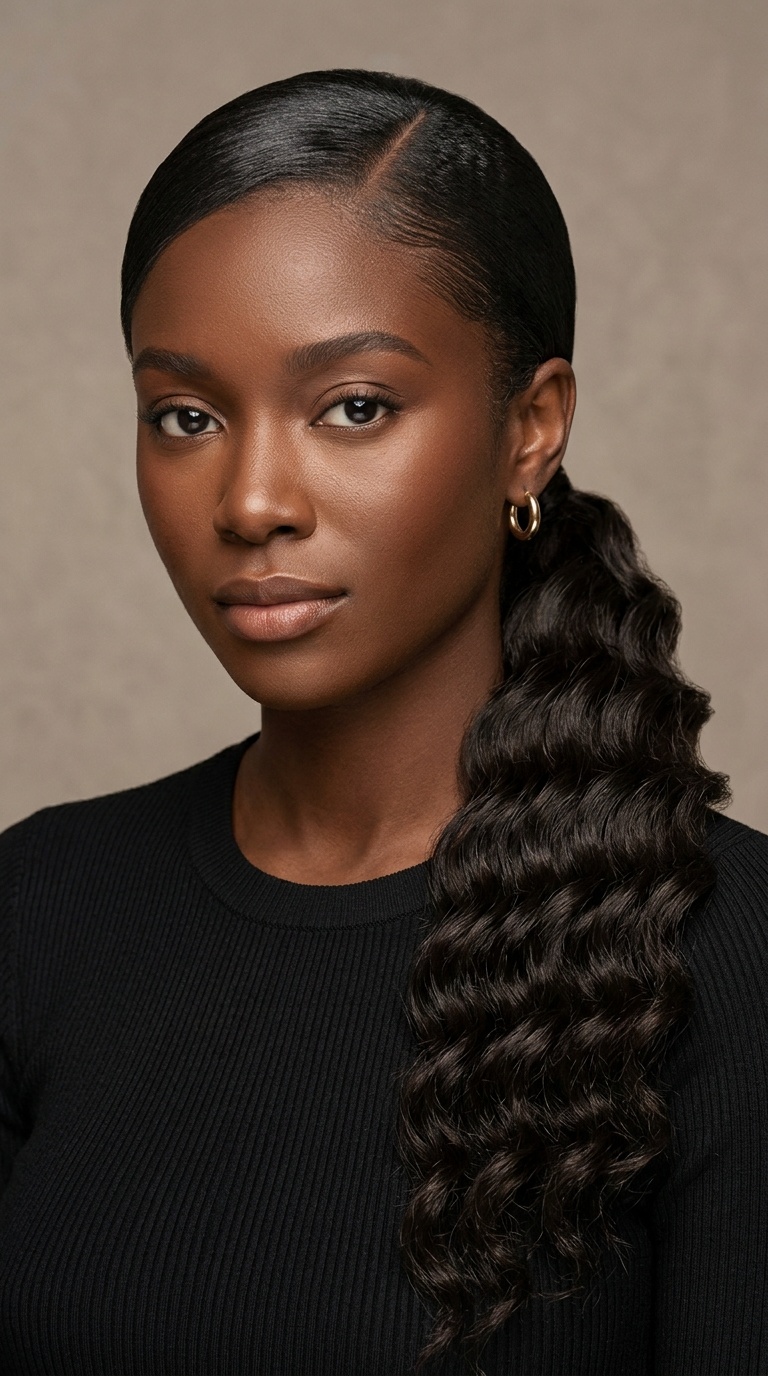 Deep Wave Low Ponytail with Side Part