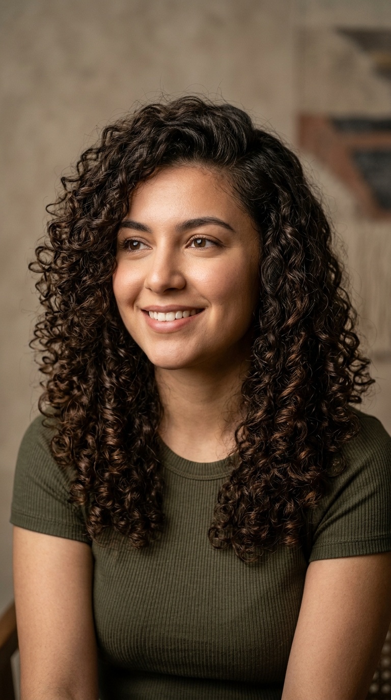 Defined Curls with a Deep Side Part