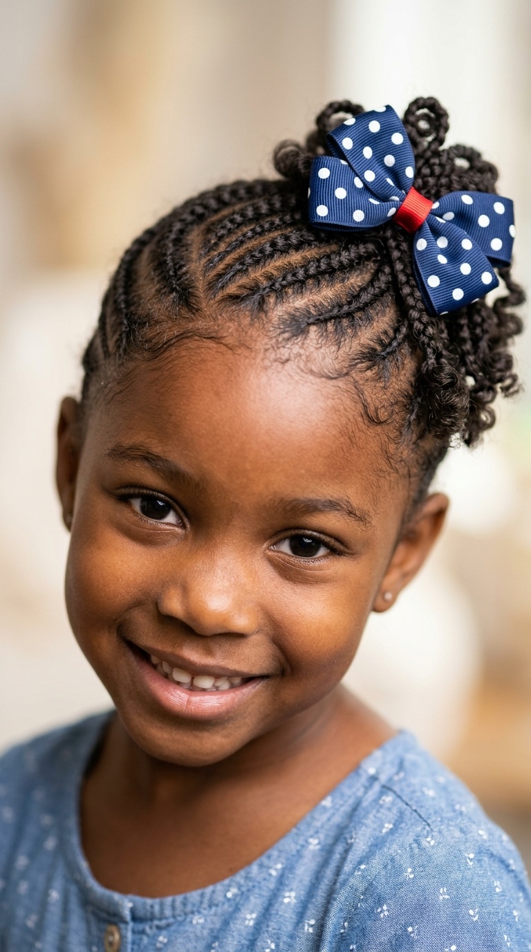 Diagonal Cornrows with Polka Dot Bow