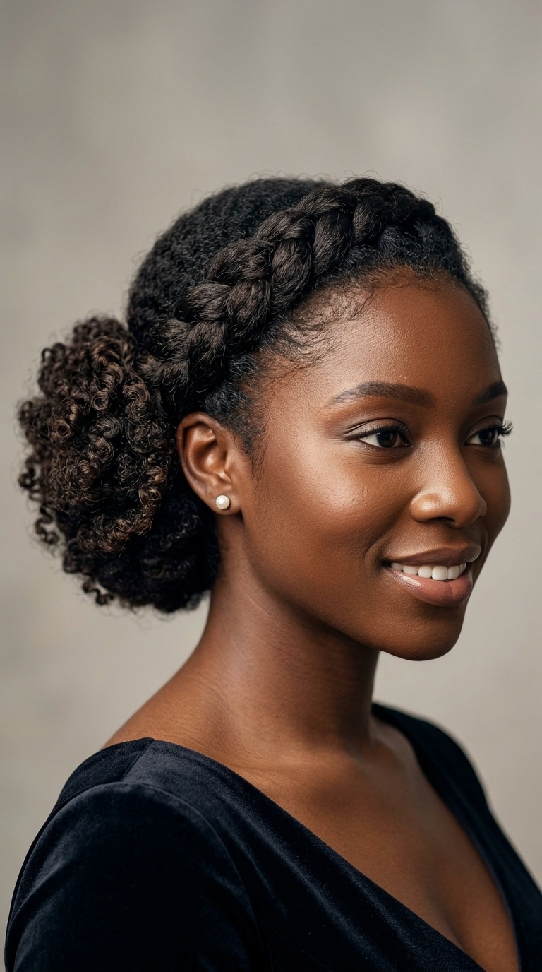 Diagonal French Braid with Curly Side Bun