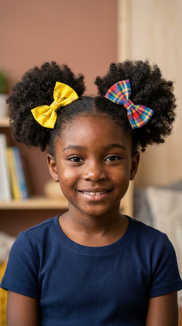 Double Afro Puffs with Colorful Bows