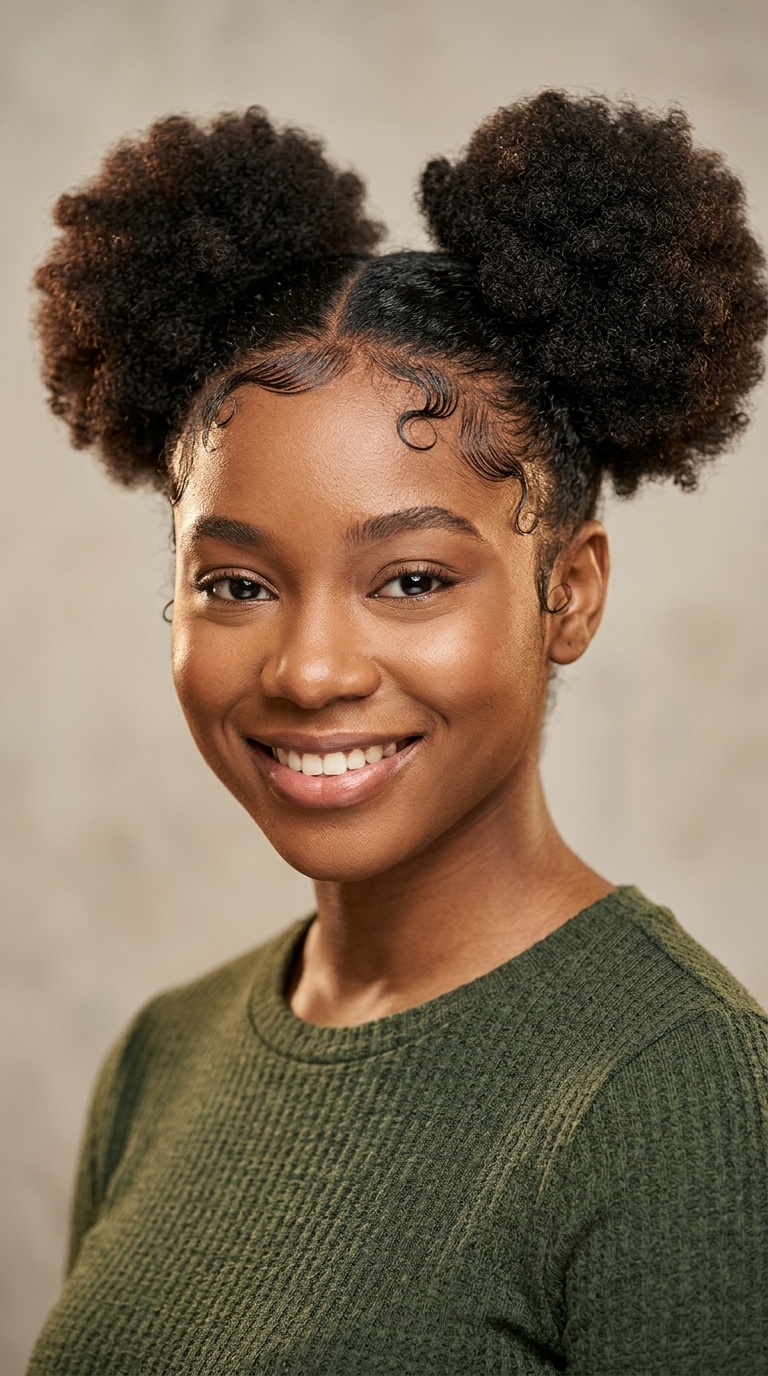 Double Afro Puffs with Laid Edges