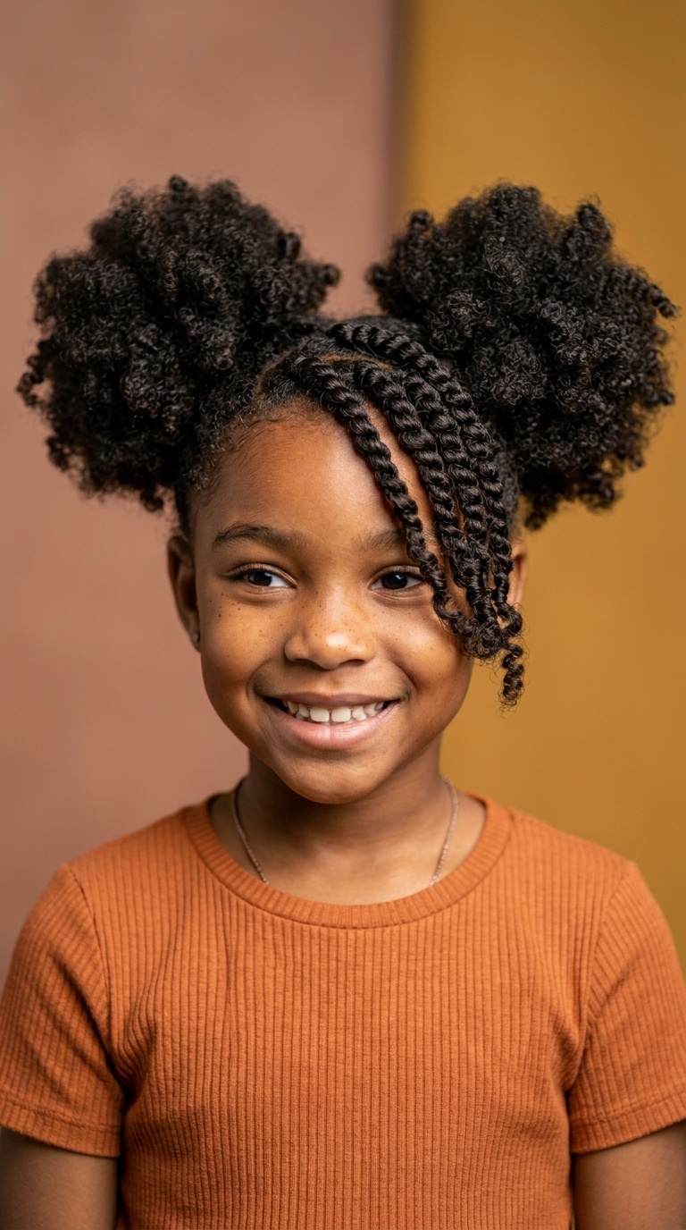 Double Afro Puffs with Twisted Bangs