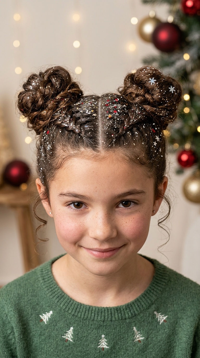Double Braided Space Buns with Glitter