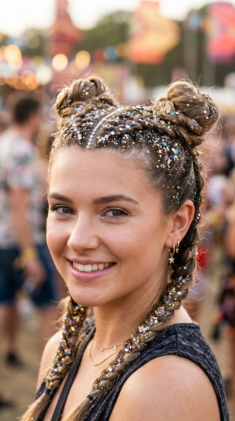 Double Dutch Braid Buns with Glitter Accents