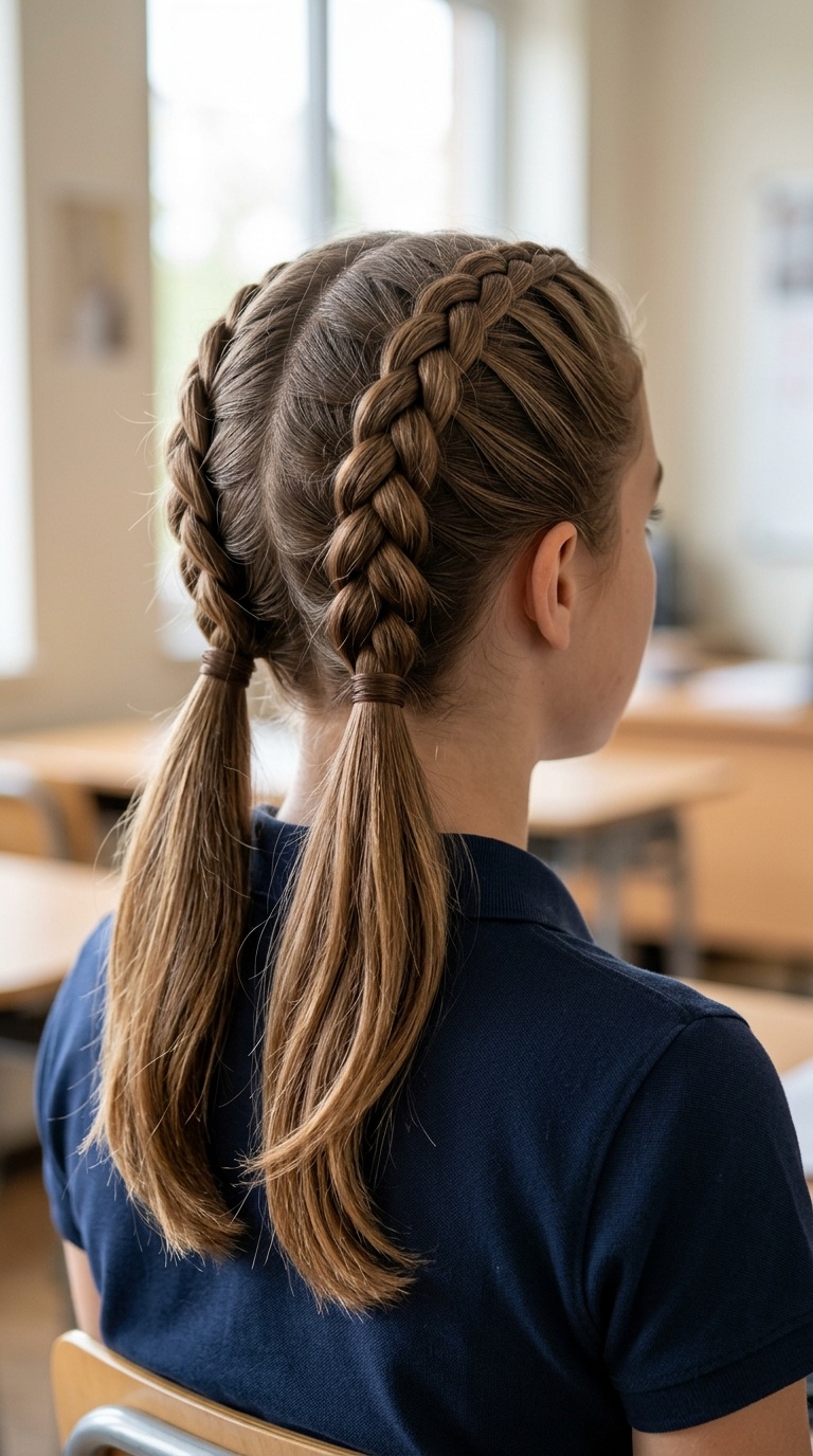 Double Dutch Braids into Low Ponytails