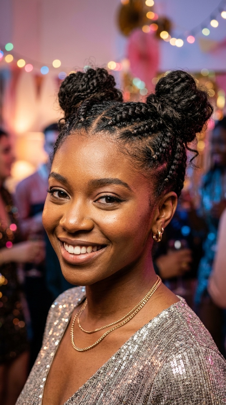 Double Dutch Braids into Space Buns