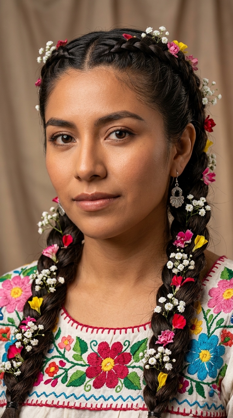 Double Dutch Braids with Floral Weaves