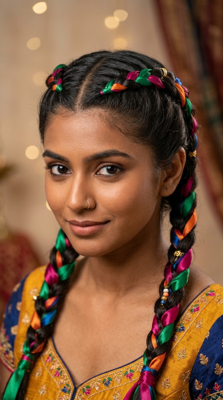 Double Dutch Braids with Silk Ribbon Intertwined