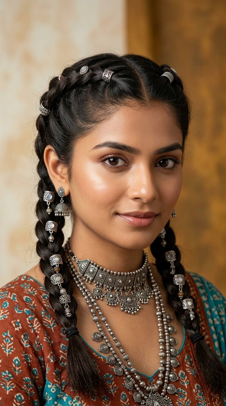 Double Dutch Braids with Silver Rings