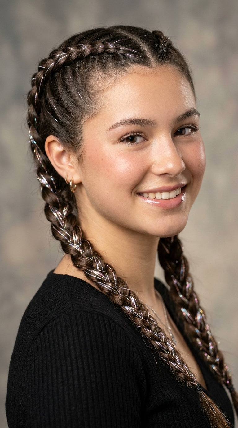 Double French Braids with Tinsel