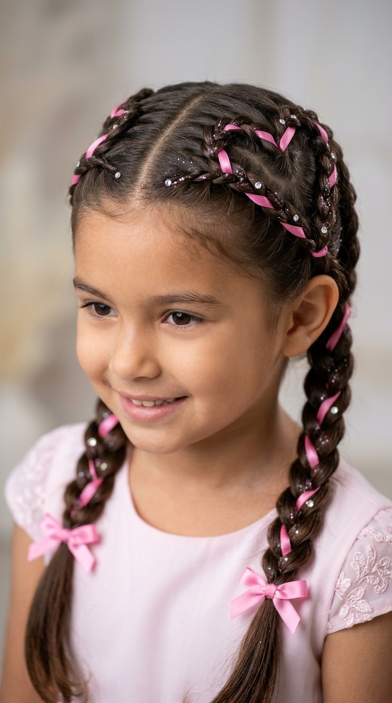 Double Heart Braids with Pink Ribbons