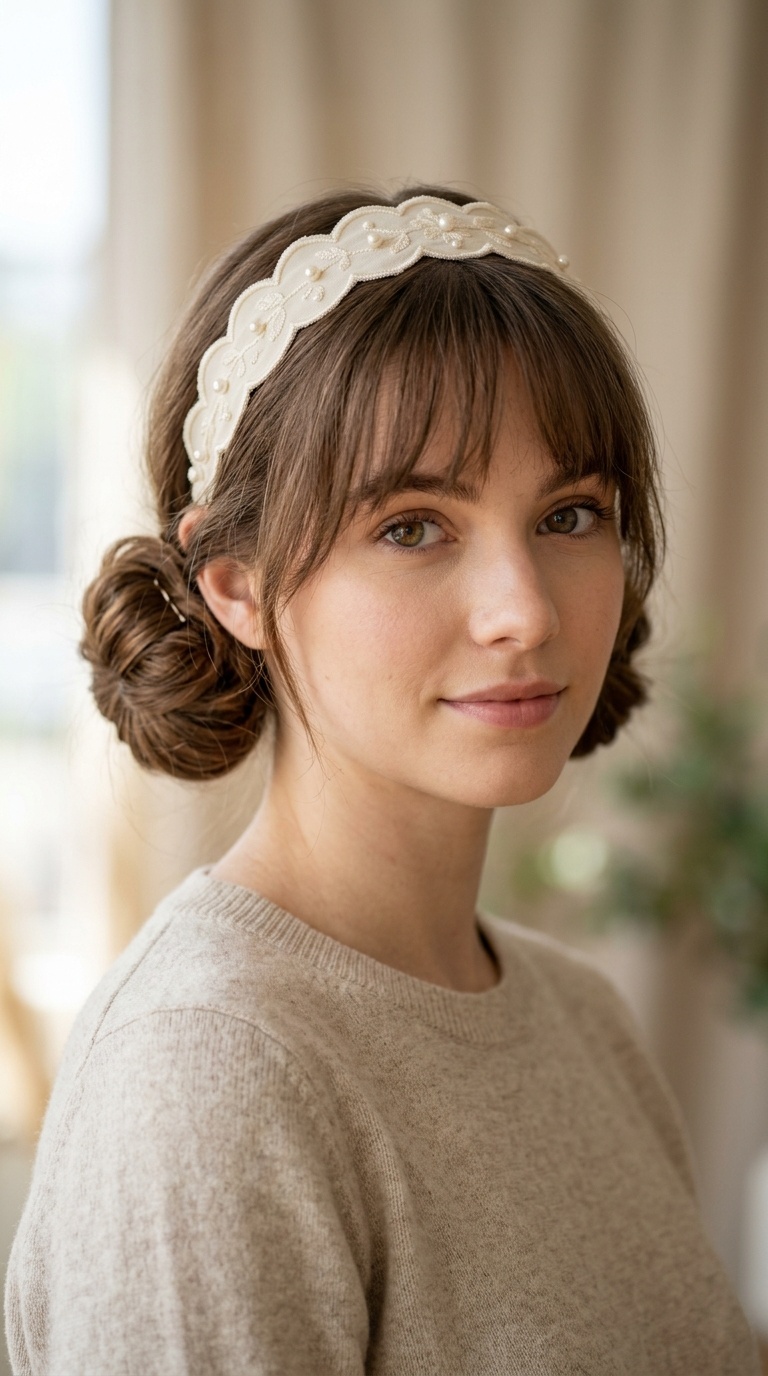 Double Low Buns with Wispy Fringe and Scalloped Headband